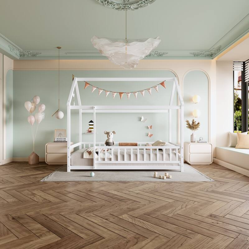 Twin Size Floor Wooden Bed with House Roof Frame, Fence Guardrails