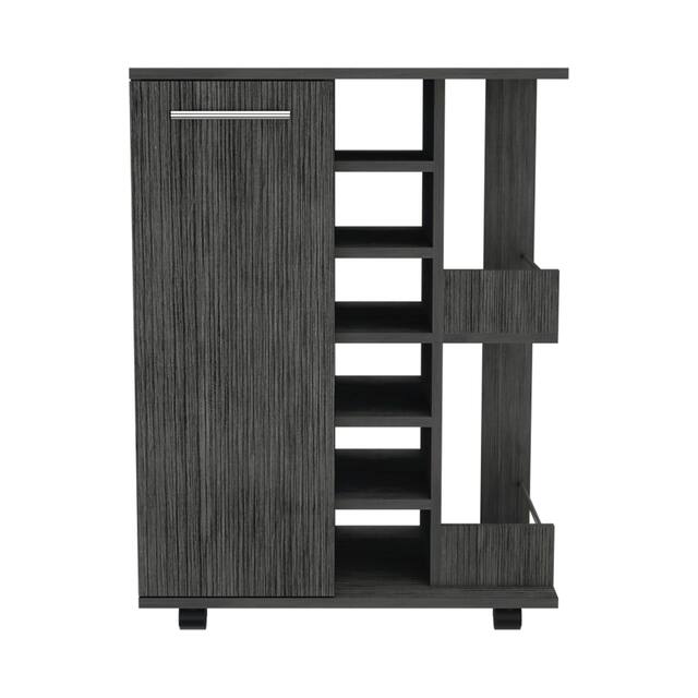 Bar Cart with 2 External Shelves, 4 Casters, 6 Wine Cubbies, and Single Door Cabinet - 23" W x14"D x 32"H