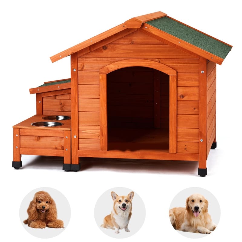 Wood Dog/Cat House With Asphalt Roof Food Bowl - Assembly Required