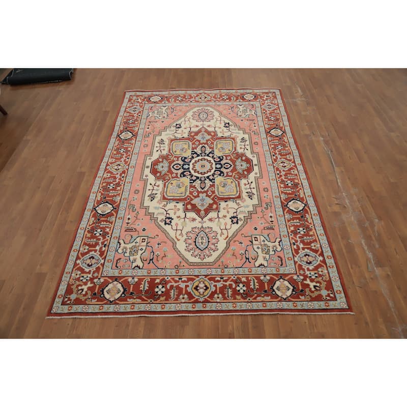 Hand Knotted Oriental 100% Wool Carpet Traditional Medallion Beige & Ivories Heriz (serapi) Area Rug - 8' 10'' X 5' 10''