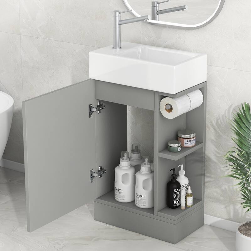 Grey 18.6" Bathroom Vanity with Undermount Sink, Two-Tier Shelf, Cabinet, and Toilet Paper Holder, Left or Right Install