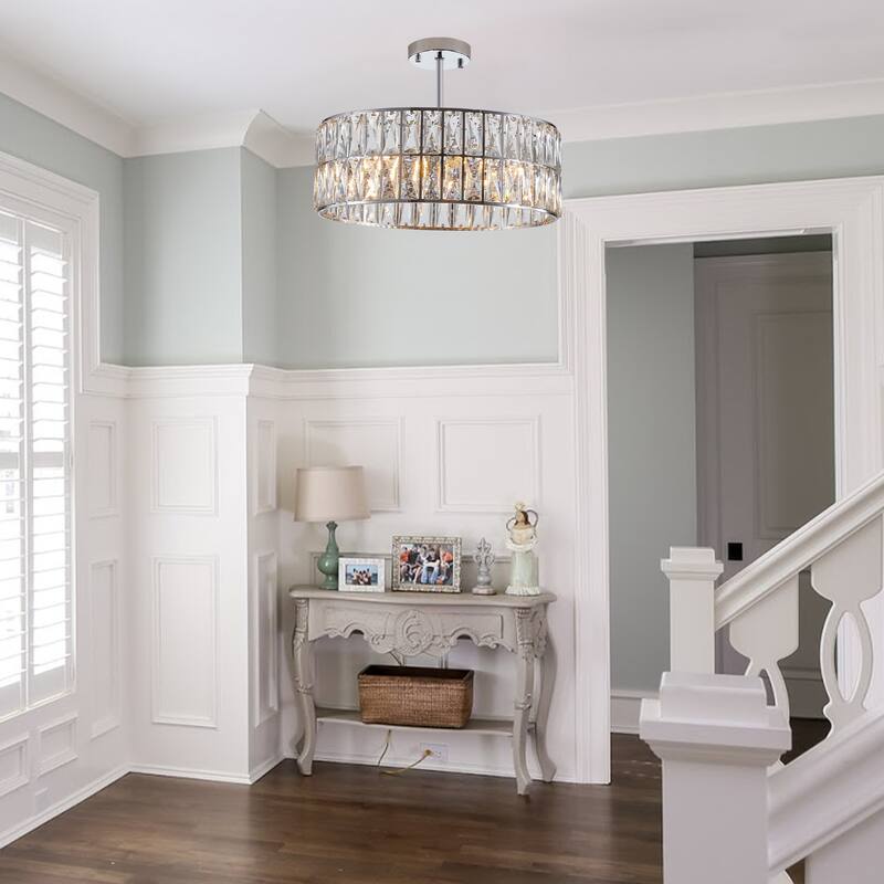 Crystal Drum Chandelier, 6-Light Pendant Lighting Fixture with Metal Frame for Living Room, Dining Room(Bulbs Not Included)