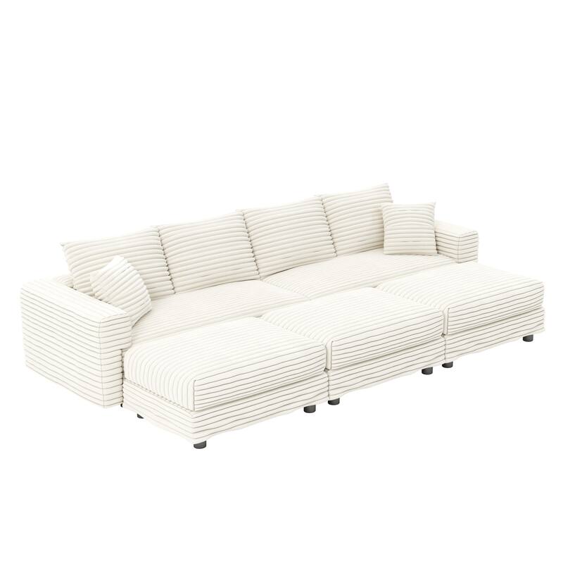 Modern Corduroy Upholstered Sectional Sofa for Living Room, Square Armrest Couch with 3 Ottomans, Convertible Lounge Chair