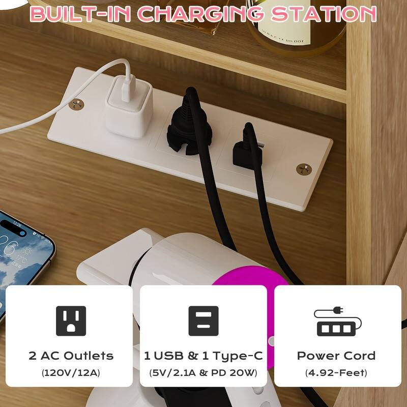 Particle Board Veneered with Textured Melamine 4-drawer 2-shelf with 10 Three-color Dimmable Bulbs Dressing Table - N/A