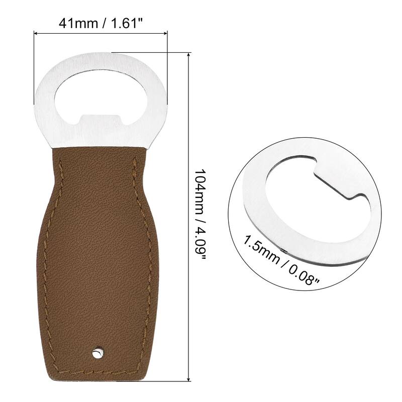 Bottle Opener, 4" - Stainless Steel Beer Opener with Leather Handle - Brown - 1pcs