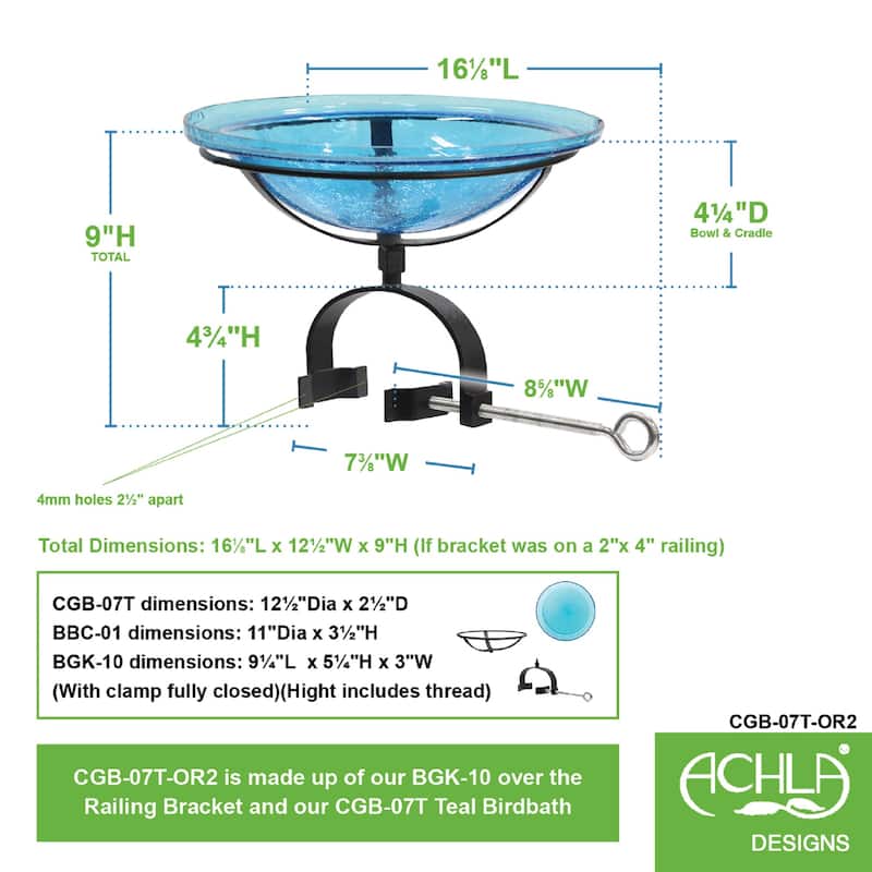 Achla Designs 12.5"Dia. Round Crackle Glass Birdbath w/Black Wrought Iron Over Rail Bracket