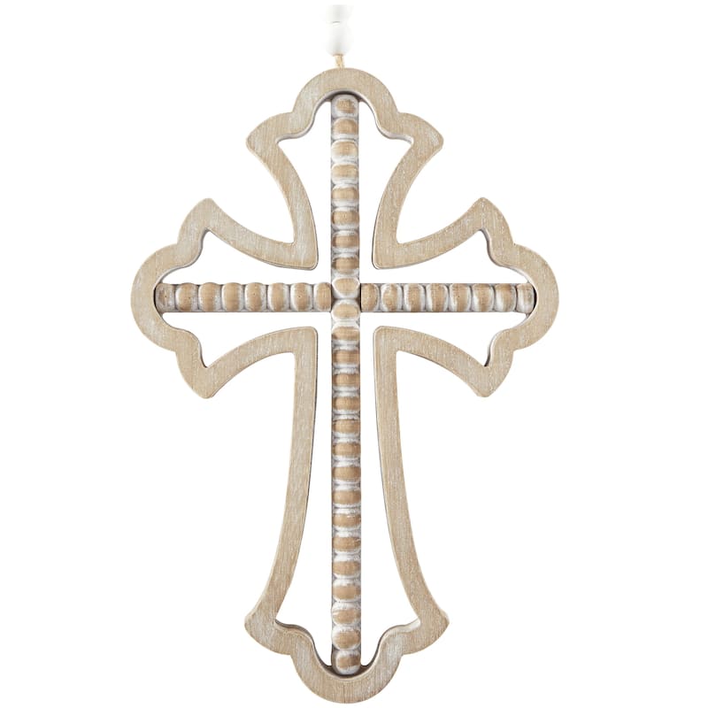 Wood Cross Carved Beaded Crosses Home Wall Decor with Rope Hanger - Set of 3 Light Brown - Roche River Decor