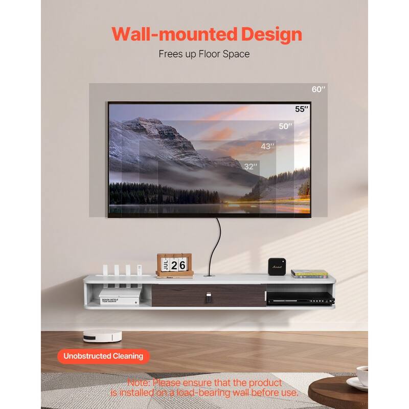 White Particleboard Floating TV Stand with Soft Close Doors, Cable Management - 55.12” L x 9.29” W x 6.29” H