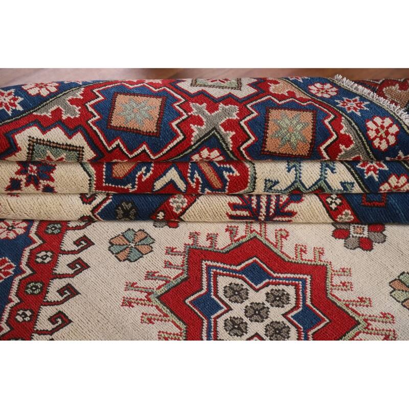 Hand Knotted Oriental 100% Wool Carpet Traditional Geometric Beige & Ivories Kazak Area Rug - 9' 7'' X 6' 7''