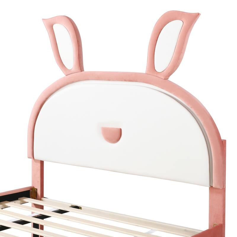 Full Size Upholstered Platform Bed with Rabbit Headboard, Trundle, and Three Drawers
