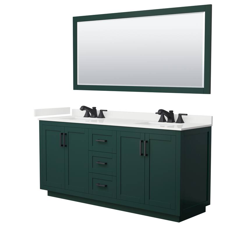 Miranda 72-inch Double Vanity, Quartz Top, 70-inch Mirror - Green, Black Trim, White Quartz Top