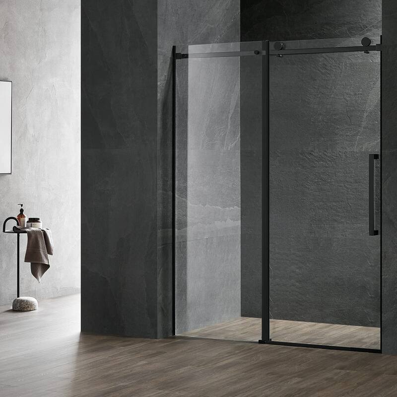 Serene Valley 48 x 74 Inch Square Rail Frameless Sliding Shower Door, Black - 48 x 74 inch