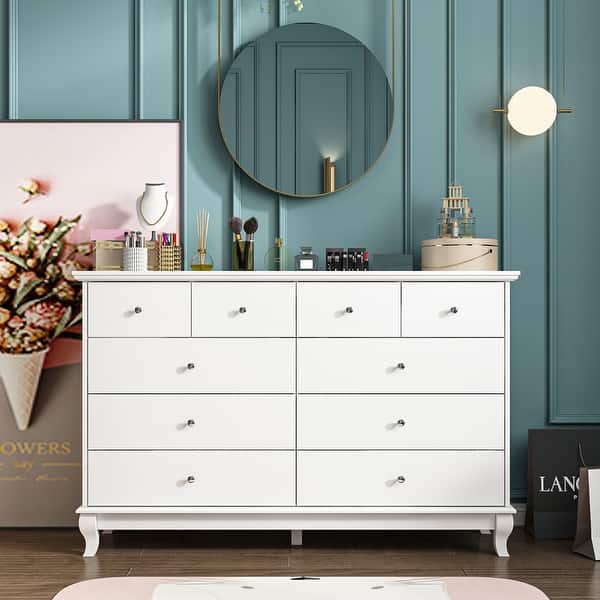 10 Drawer Double Dresser for Bedroom White Dresser Wide Storage Bed