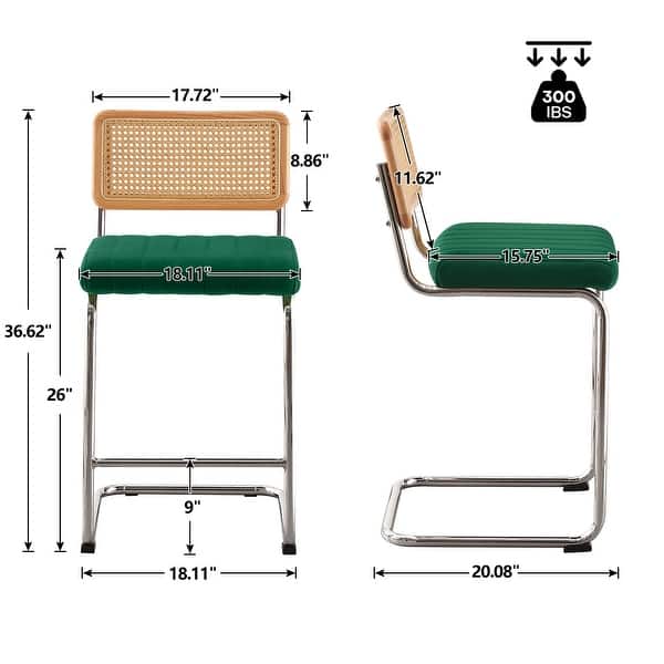 dimension image slide 8 of 15, Velvet Upholstered Rattan Counter/Bar Stools, Set of 2/3