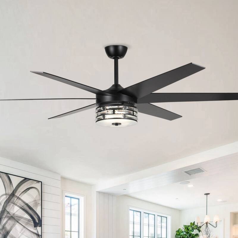 Modern 70-in Matte Black 6-Blade Crystal LED Ceiling Fan with Light and Remote - 70-in W x 21.9-in H