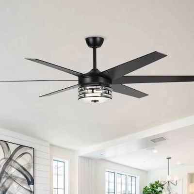 Modern 70-in Matte Black 6-Blade Crystal LED Ceiling Fan with Light and Remote - 70-in W x 21.9-in H