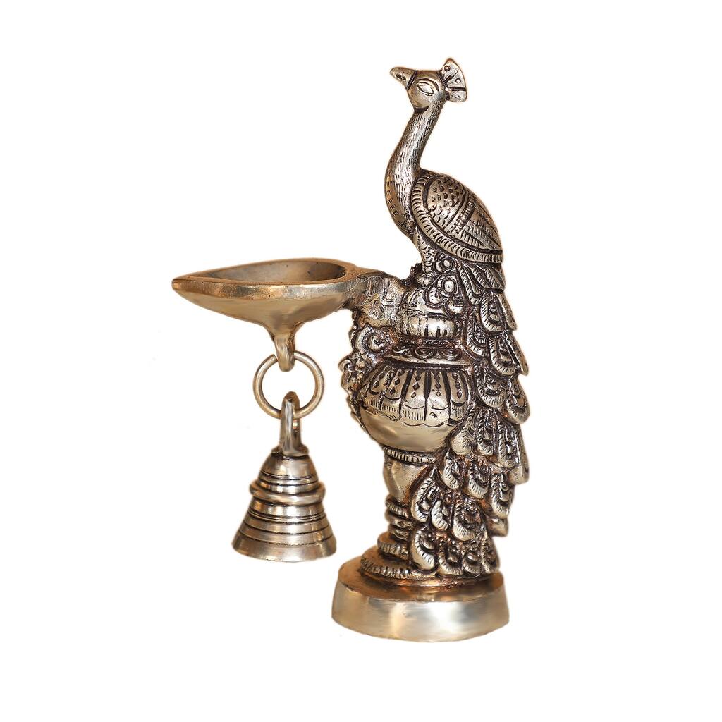 Cottage Handicraft - Silver Plated Peacock Diya with Free Elephant Gift