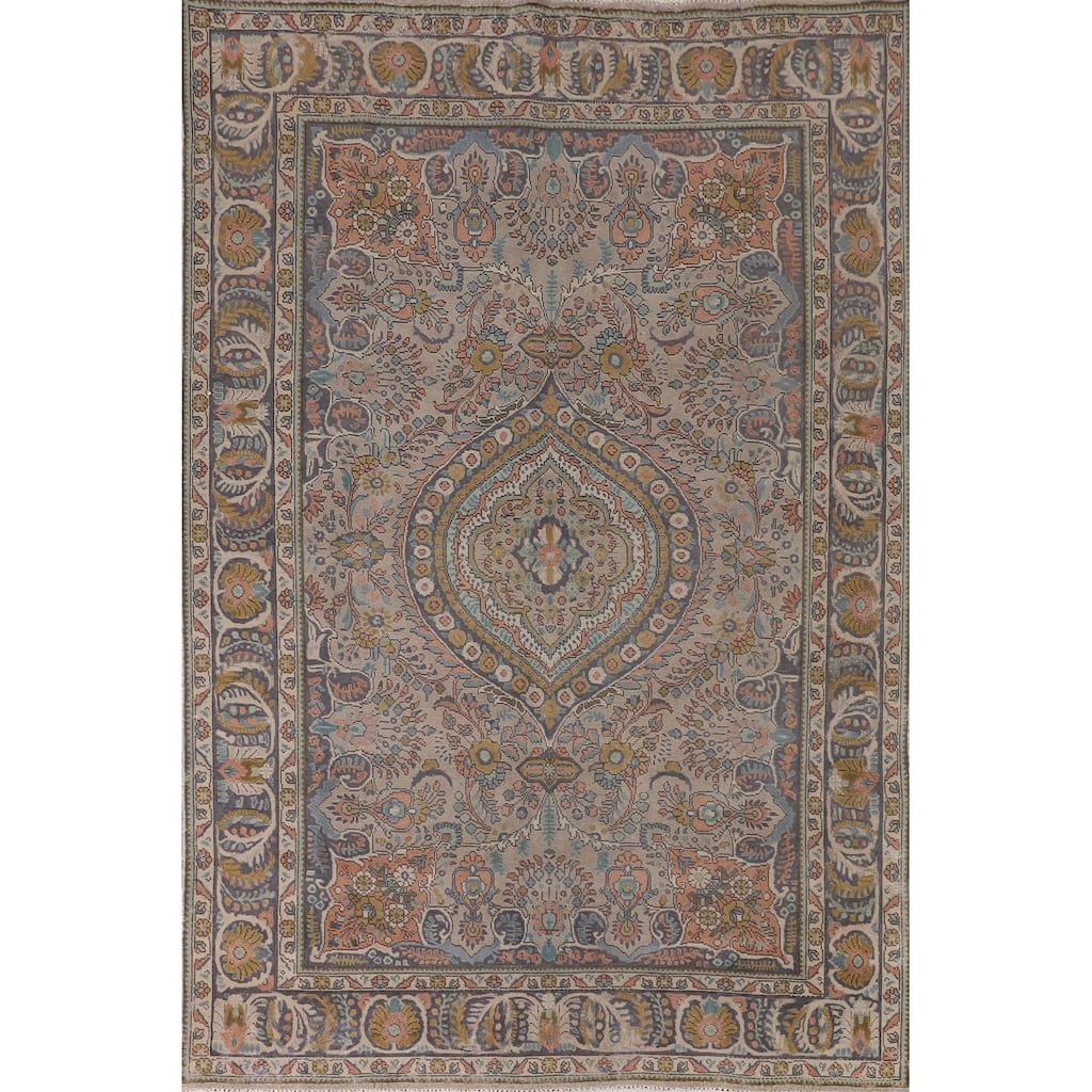 Floral Tabriz Persian Vintage Rug Hand-Knotted Wool Carpet - 6'6"x 9'9"