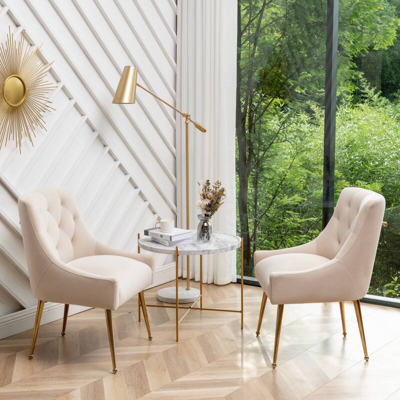 SEYNAR Modern Boucle Velvet Upholstered Accent Dining Chair Set of 2 Tufted Back Armless Chair with Golden Legs