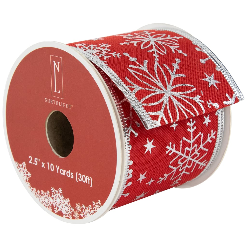 Shimmering Red with Silver Snowflakes Wired Craft Christmas Ribbon 2.5" x 10 Yards