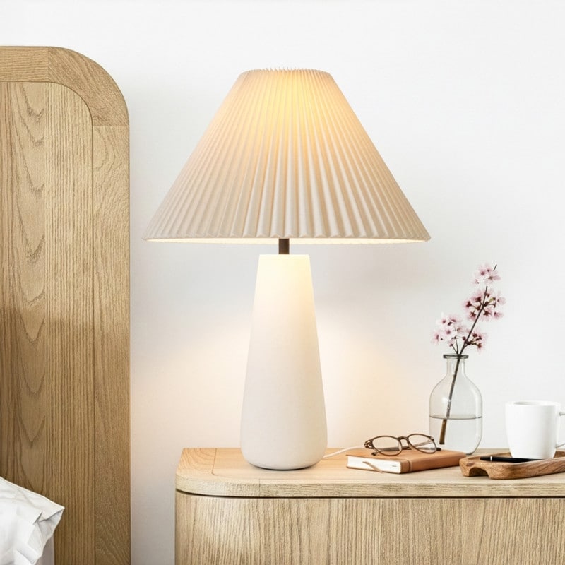 Brightech Gwen 25 in Off-White Cream Mid-Century 9W 800Lm 3000K LED Contemporary Round Table Lamp With Cream Cotton Empire Shade