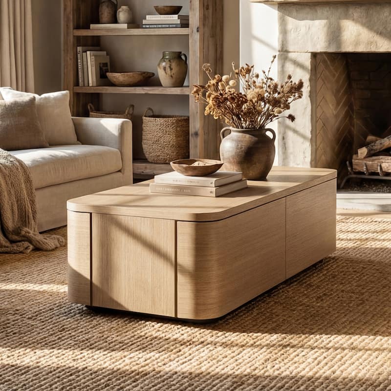 Coffee Table with Hidden Drawers, 55" Storage Coffee Table with Rounded Corners, Engineered Wood Veneer Living Room Center Table