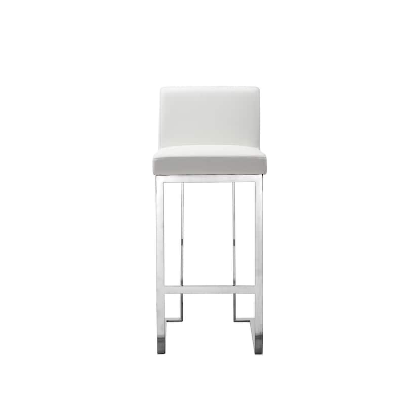 Boly 30 Inch Barstool Chair, White Faux Leather, Cushions, Chrome Steel