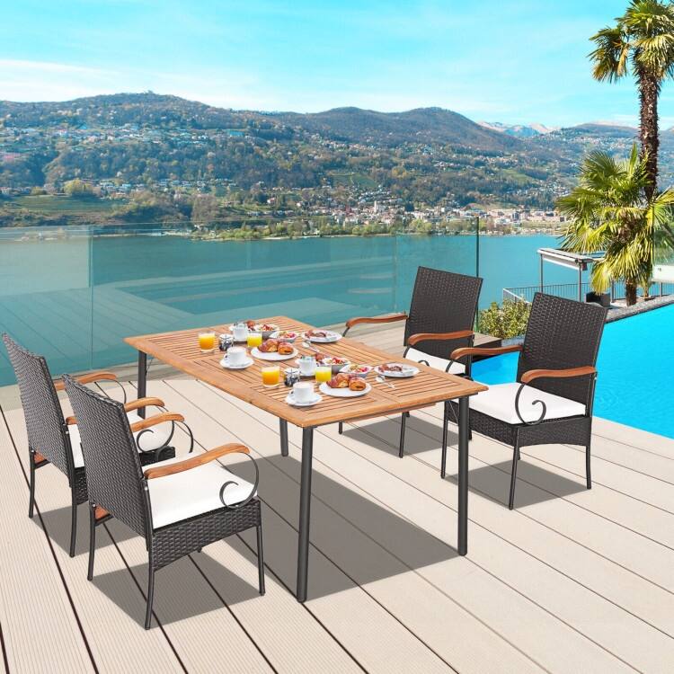 Patio Wicker Dining Set with Detachable Cushion and Umbrella Hole - 63" x 36" x 30" (L x W x H)