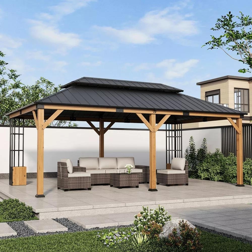 natural　ヴィラ12 Kullavik Solid Cypress Wood Gazebo, Double Layered Canopy/Roof