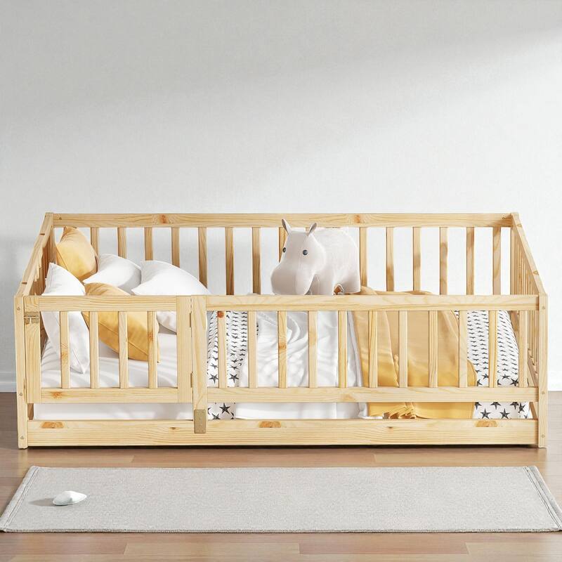 Twin/Full Montessori Floor Bed with Slats, Fence and Door, Wood Low Kids Bed for Girls and Boys, No Box Spring Needed