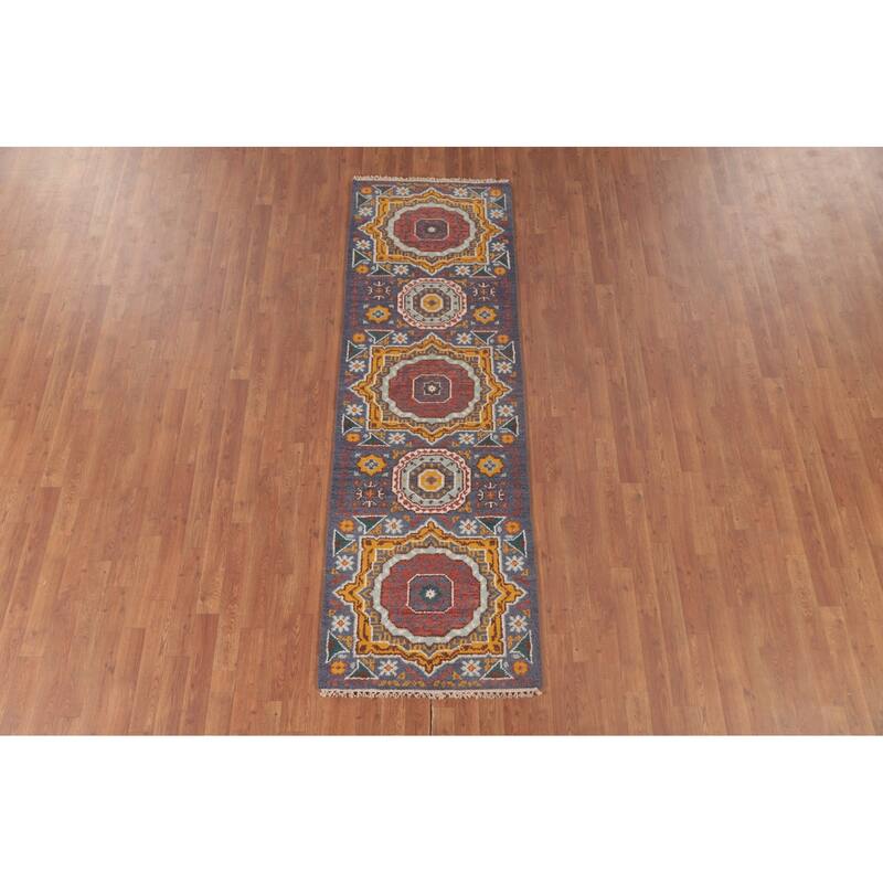 Geometric Blue Kazak Runner Rug Hand-Knotted Wool Carpet - 2'7"x 7'11"