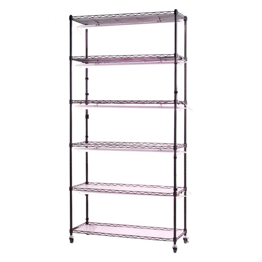 Black Metal 6-Tier Indoor Plant Stand with 5 LED Grow Lights and Timer, 71-Inch Adjustable Shelves on Wheels