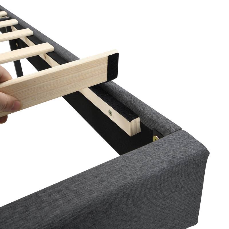 Queen Size Linen Upholstered Platform Bed with Button-Tufted Headboard, USB Charging Station and Side Pockets