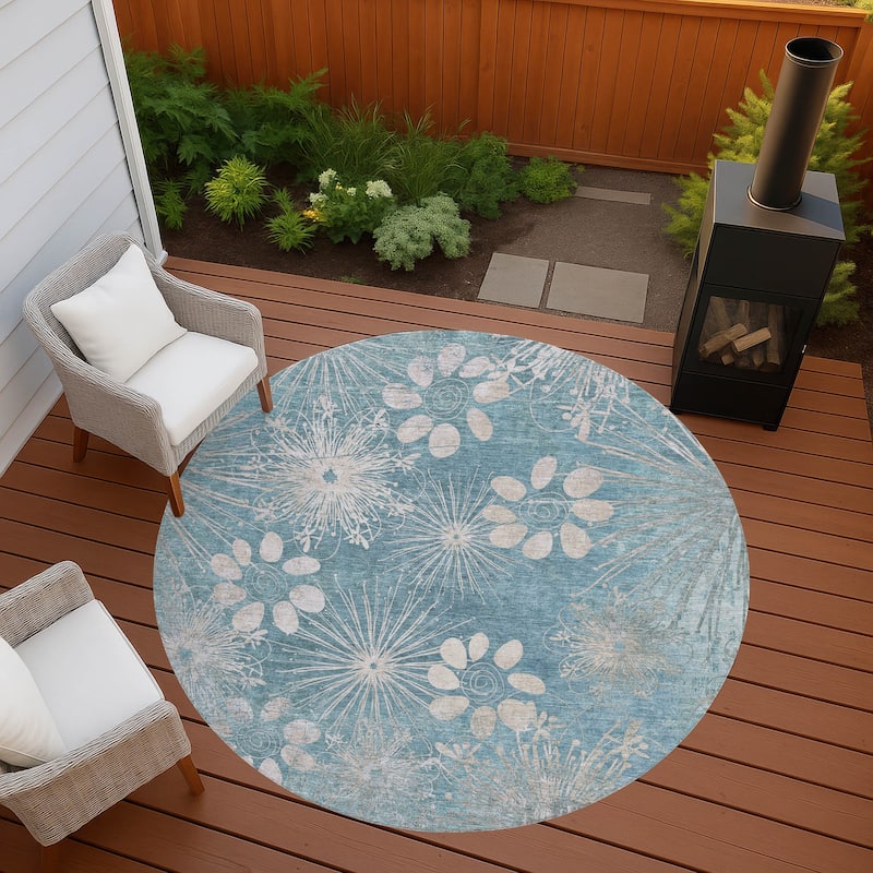Machine Washable Indoor/ Outdoor Floral Geo Chantille Rug - Blue - 8' x 8'