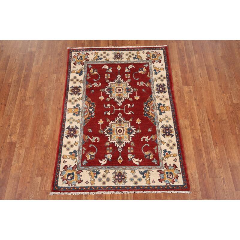 Red Geometric Kazak Foyer Rug Hand-Knotted Traditional Wool Carpet - 3'4" x 4'8"
