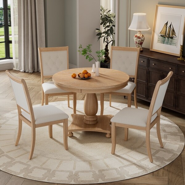 5 Piece Retro Dining Set Round Table with Pedestal Table Base and 4 Upholstered Chairs for Dining Room and Kitchen On Sale Bed Bath Beyond 41416714