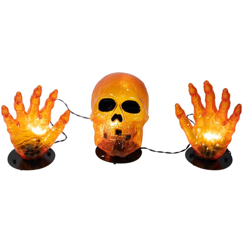 LED Lighted Skull and Hands Outdoor Halloween Decoration - 4' Black Wire - Orange