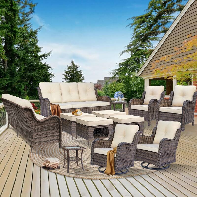 12 Piece Outdoor Wicker Patio Conversation Swivel Chairs Furniture Set - Cream-Brown Rattan