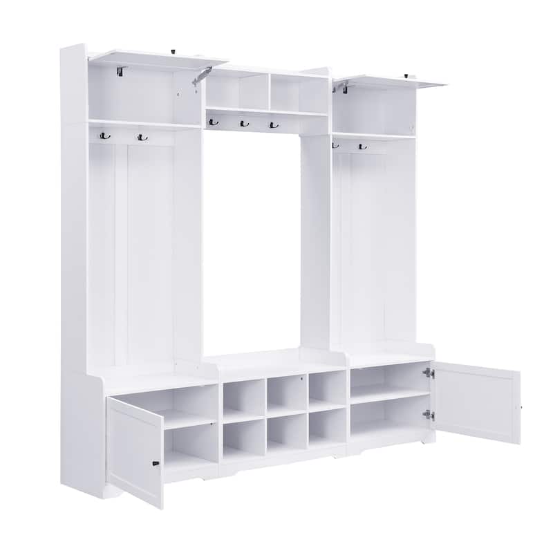 Hallway Tree with Shoe Storage, 79" Coat Rack with Shoes Cubbies & 7 Coat Hooks, 4-in-1 Entryway Wood Bench with Storage