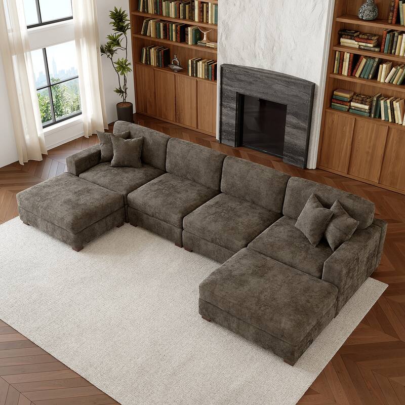 Oversized Chenille Modular Sectional Sofa Conversation Set with 2 Ottomans - Camel/6 Piece