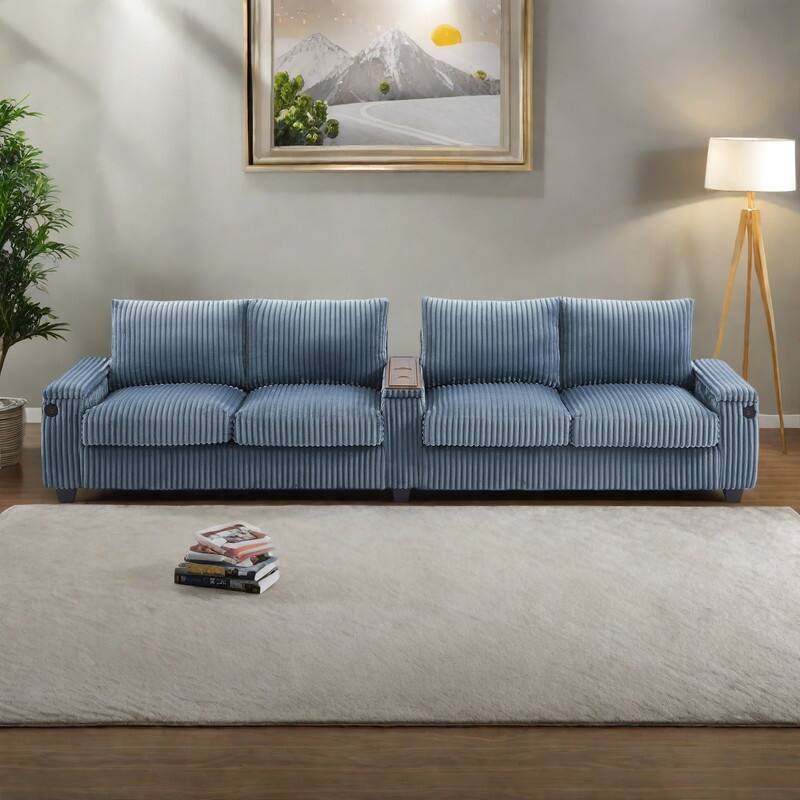 133" Corduroy 4-Seater Sofa with USB Ports, Flip-Top Cup Holders, and Hidden Storage - Blue