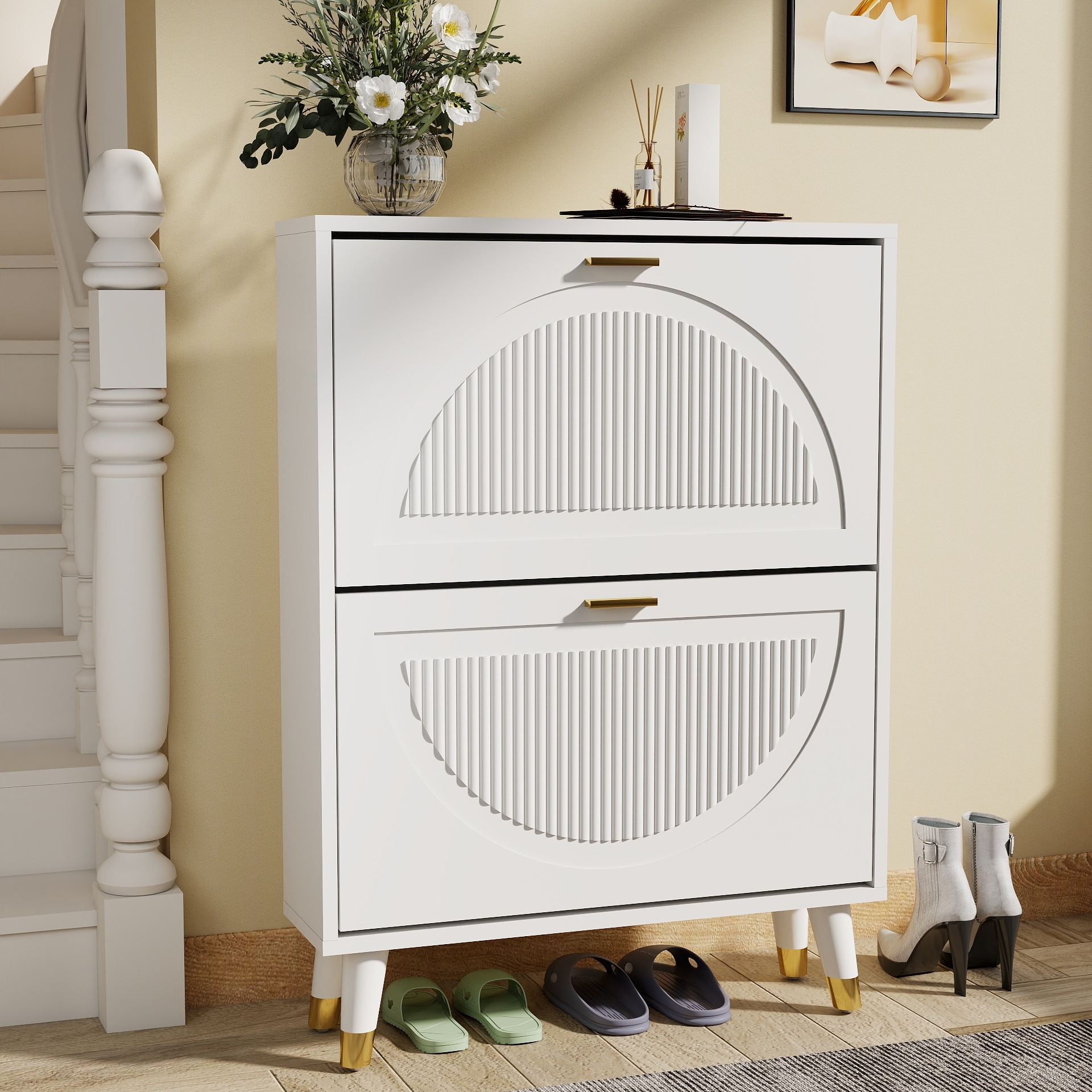 25''W Slim Shoe Cabinet, Fluted Hidden Shoe Storage Cabinet with 2 Flip Drawers, Wooden Shoe