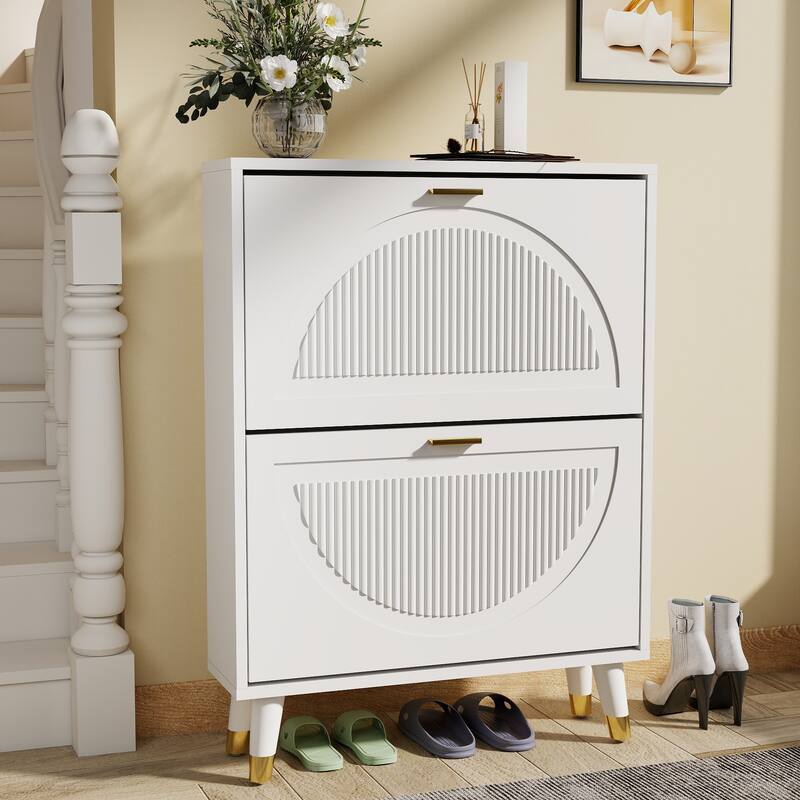 25''W Slim Shoe Cabinet, Fluted Hidden Shoe Storage Cabinet with 2 Flip Drawers, Wooden Shoe