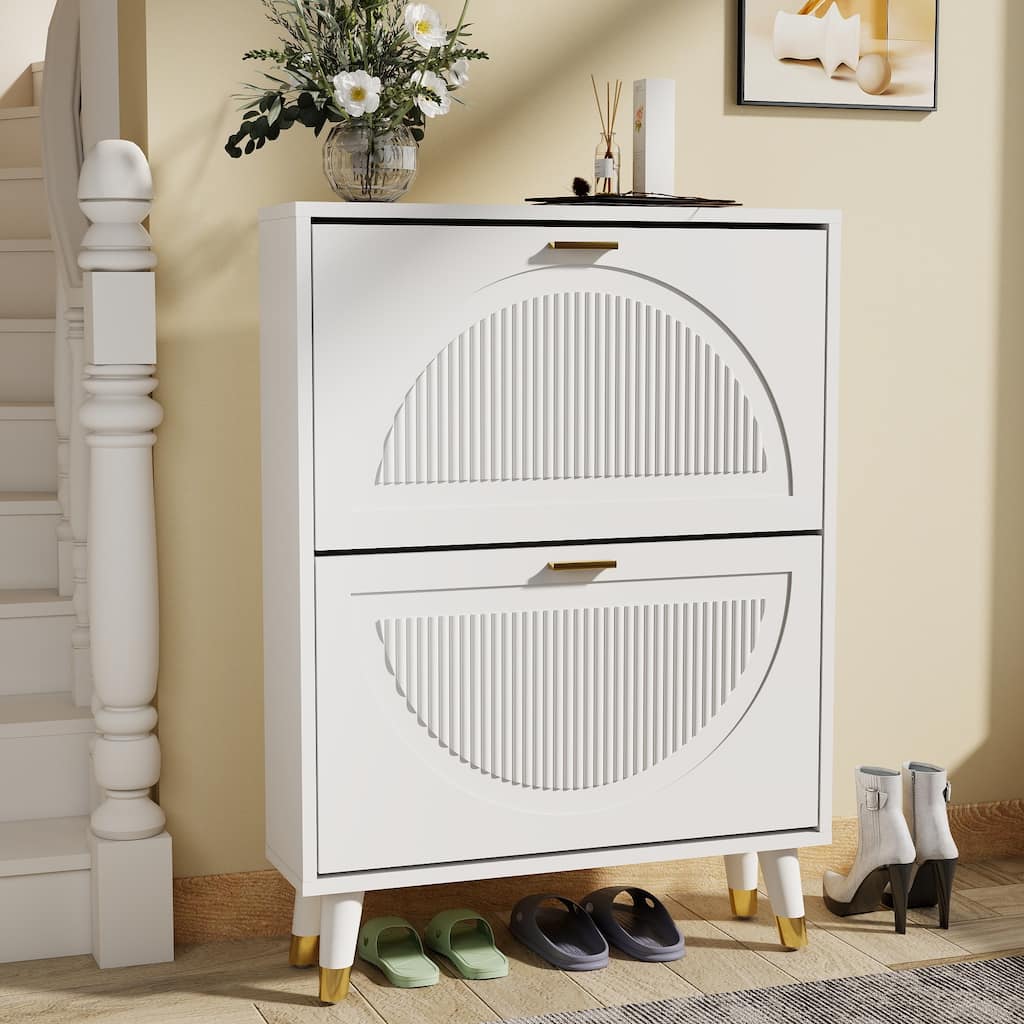25''W Slim Shoe Cabinet, Fluted Hidden Shoe Storage Cabinet with 2 Flip Drawers, Wooden Shoe