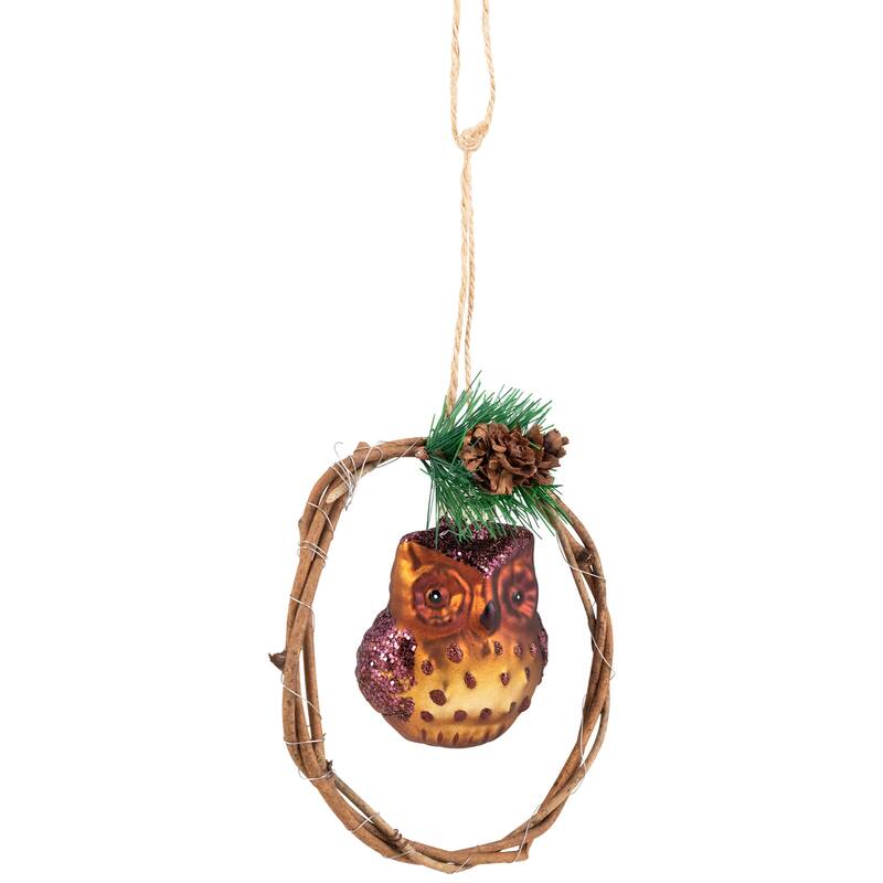 Glittered Owl in a Twig Wreath Glass Christmas Ornament - 5.25" -Brown