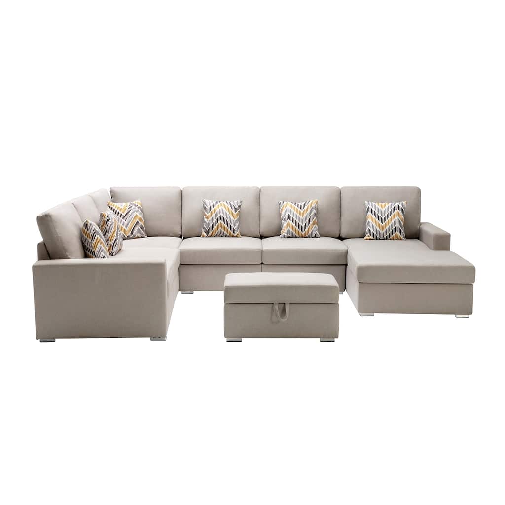 Linen Fabric 7 Piece Reversible Chaise Sectional Sofa with Interchangeable Legs, 7 Pillows and Storage Ottoman