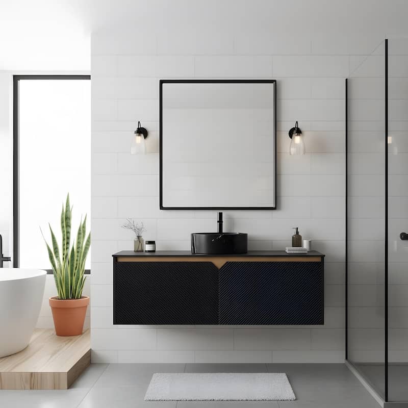 Wall-mounted Bathroom Vanity with Round Vessel Basin - 48 - Black+Stone Black