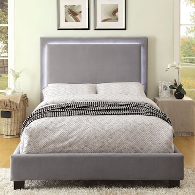 Silver Orchid Berger LED Headboard Light Grey Upholstered Platform Bed