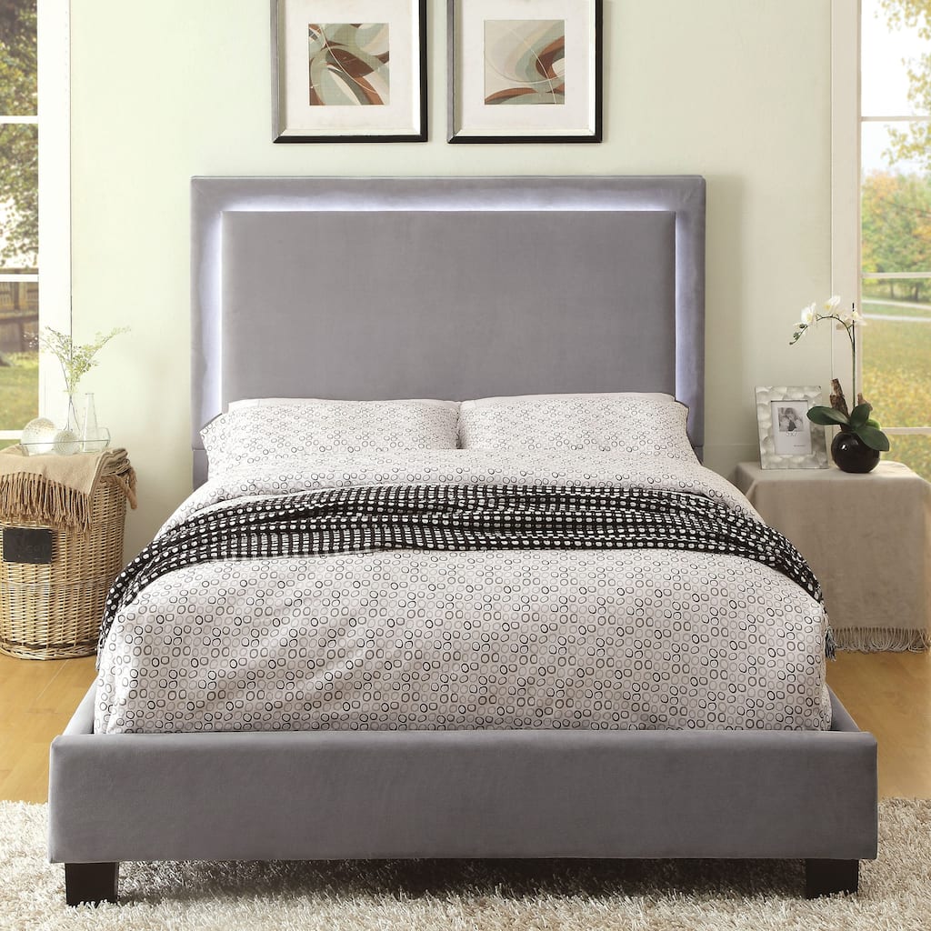 Silver Orchid Berger LED Headboard Light Grey Upholstered Platform Bed