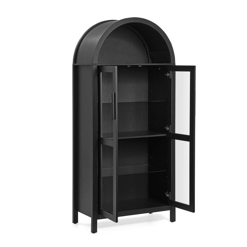 67" Tall Arched Kitchen Pantrywith a lamp,modern retro-style wooden storage cabinet with adjustable glass partitions